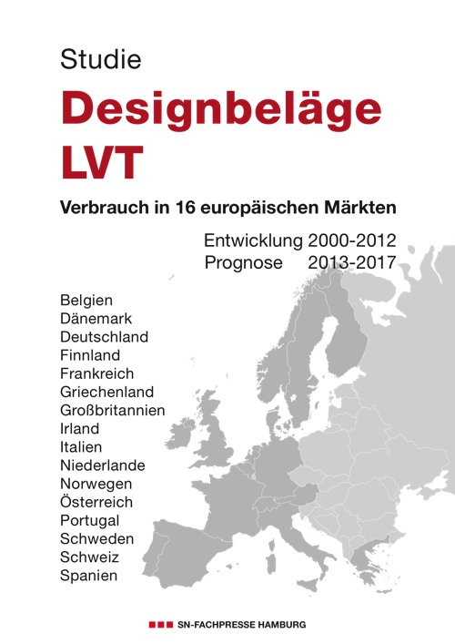 <h2>Speziell für Designbeläge: Marktzahlen und Prognosen bis 2017 <br>für D/A/CH, Belgien und Niederlande sowie 11 weitere europäische Märkte</h2>Auf dem deutschen Markt erleben Designbeläge seit einigen Jahren einen rasanten Aufstieg und schicken sich gegenwärtig an, nach dem Objekt auch den privaten Wohnbereich zu erobern. In Dänemark oder Finnland sieht das allerdings ganz anders aus. Hier gibt es auch Zuwachsraten, aber die fallen erheblich geringer aus als in Deutschland.<br><br><br><br>Eine neue Studie aus dem SN Verlag zeigt die Absatzentwicklung des trendigen Belags für insgesamt 16 ausgewählte Märkte in Europa seit dem Jahr 2000, inklusive des durchschnittlichen Pro-Kopf-Verbrauchs an LVT in den einzelnen Ländern: Belgien,/Luxemburg, Dänemark, Deutschland, Finnland, Frankreich, Griechenland, Großbritannien, Irland, Italien, Niederlande, Norwegen, Österreich, Portugal, Schweden, Schweiz und Spanien. <br><br><br><br>Ebenso aussagekräftig ist der Blick nach vorn: Wie wird sich der LVT-Markt in den 16 Staaten bis zum Jahr 2017 entwickeln? Auch darauf gibt die Studie eine Antwort.<br><br><br><br>Außerdem enthalten sind statistische Daten zu Einwohnerzahlen, wirtschaftlicher Entwicklung und - soweit recherchierbar - Zahlen zu Investitionen in den Wirtschafts- und Wohnungsneubau.<br><br><br><br><b>Studie "Designbeläge/LVT. Verbrauch in 16 europäischen Märkten"</b><br><br><br><br>Erscheinungstermin: Oktober 2013<br><br>Herausgeber: SN-Verlag<br><br>Autor: Karlheinz Müller<br><br>Umfang: 18 Seiten<br><br>Verfügbar: Ab 28. Oktober<br><br>Einzelpreis: 1.050 EUR (zzgl. MwSt. + Versand) oder in Kombination mit der Studie "Der Bodenbelagsmarkt in 1. Deutschland/Österreich/Schweiz 2. Belgien/Niederlande/Luxemburg bis 2014" zum Sonderpreis von 850 EUR (zzgl. MwSt. + Versand)<br><br><br><br>Bestellungen:<br> SN-Fachpresse<br><br>An der Alster 21, 20099 Hamburg<br><br>Tel.: 040/24 84 54-0<br><br>E-Mail: iris.koeppen@snfachpresse.de Absatzzahlen für Bodenbeläge in D/A/CH und Benelux